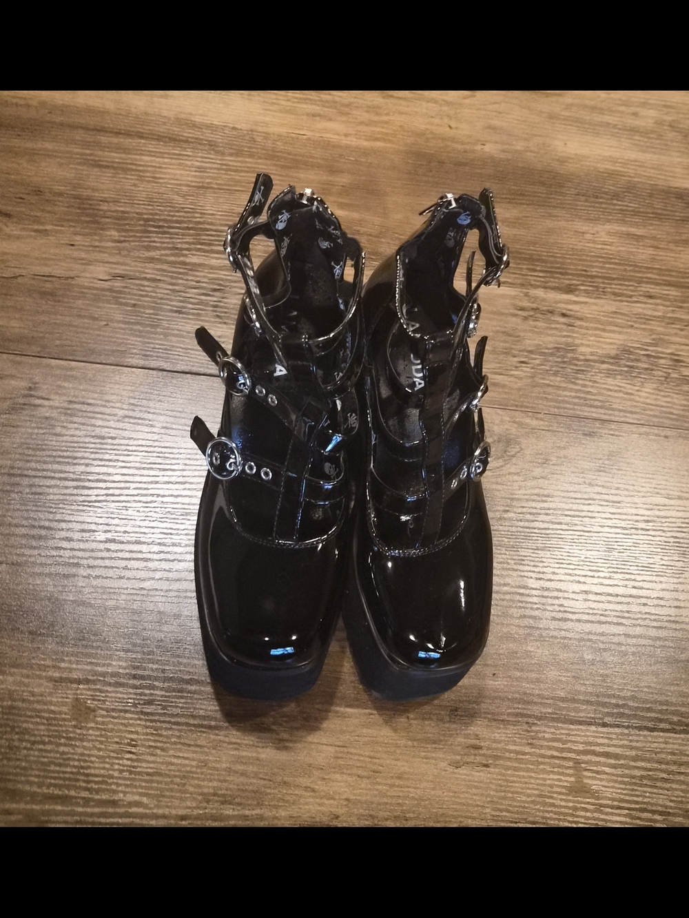 Women's Black Patent Platform Wedge Sandals with Buckle Straps - Picture 2 of 5